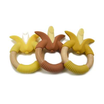 Banana Design Beech Wood Ring and Non-toxic Food Grade Silicone Baby Toothbrush Teether